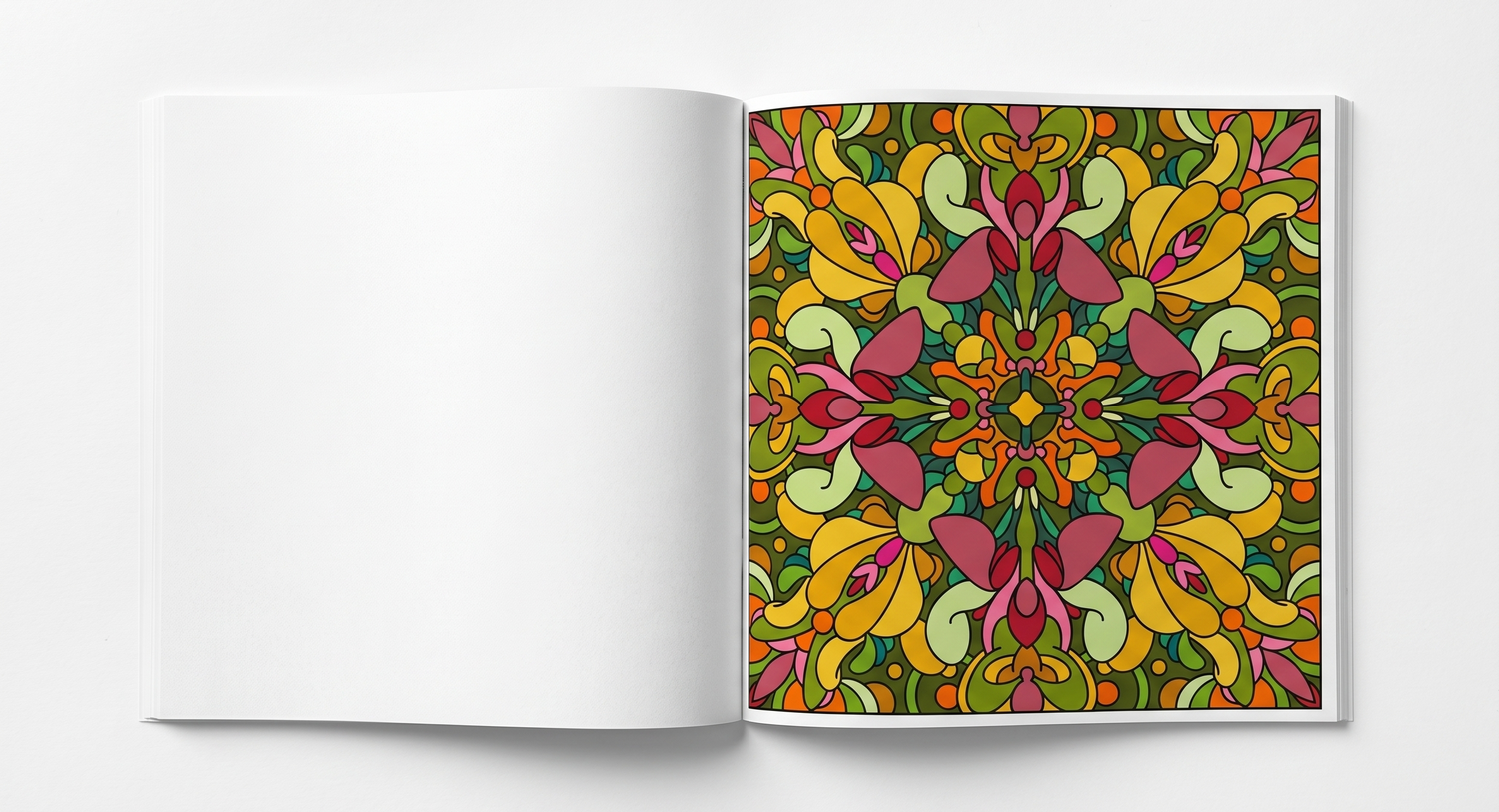 Open book with a colorful mandala pattern on a white background