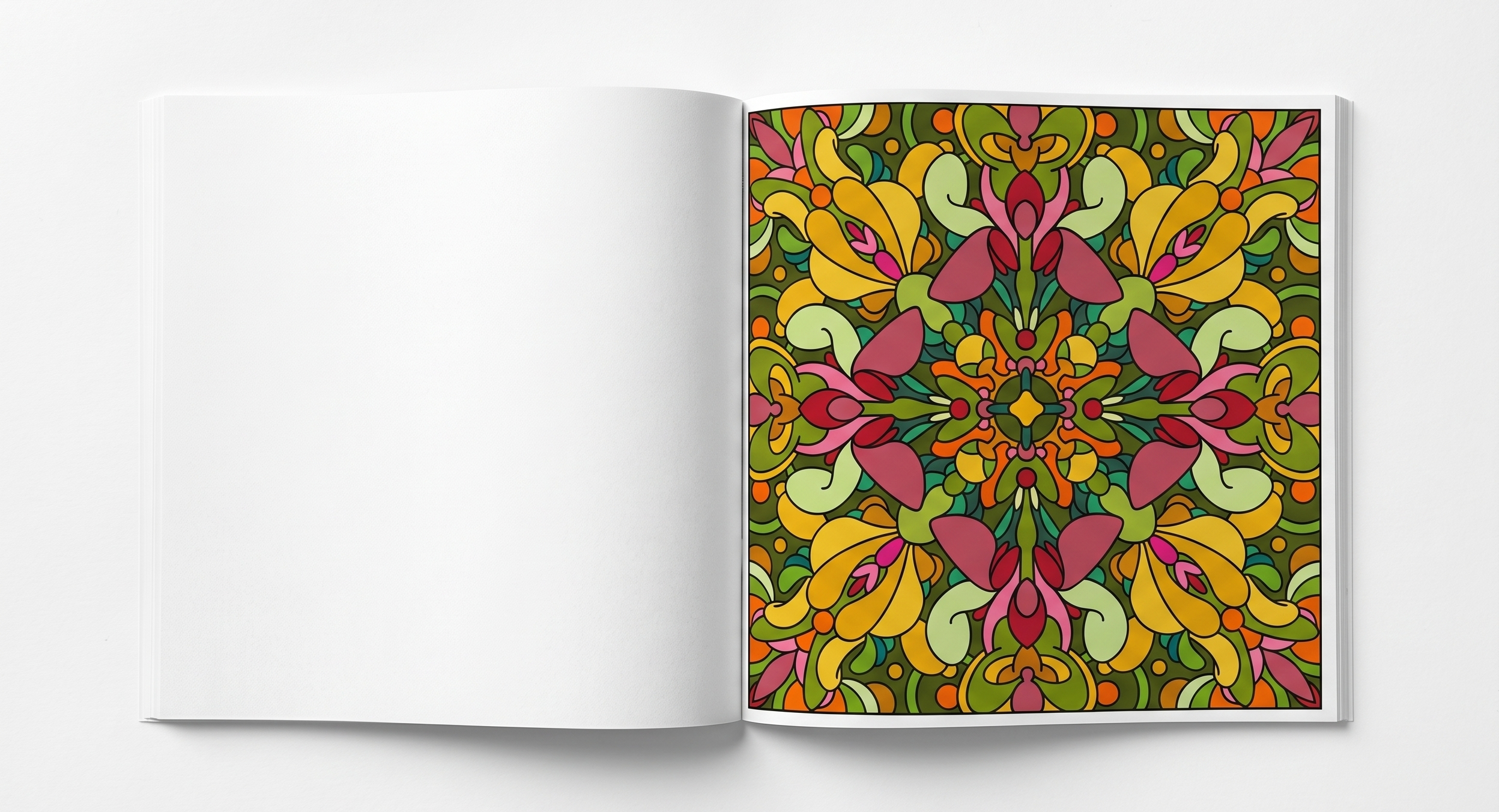 Open book with a colorful mandala pattern on a white background