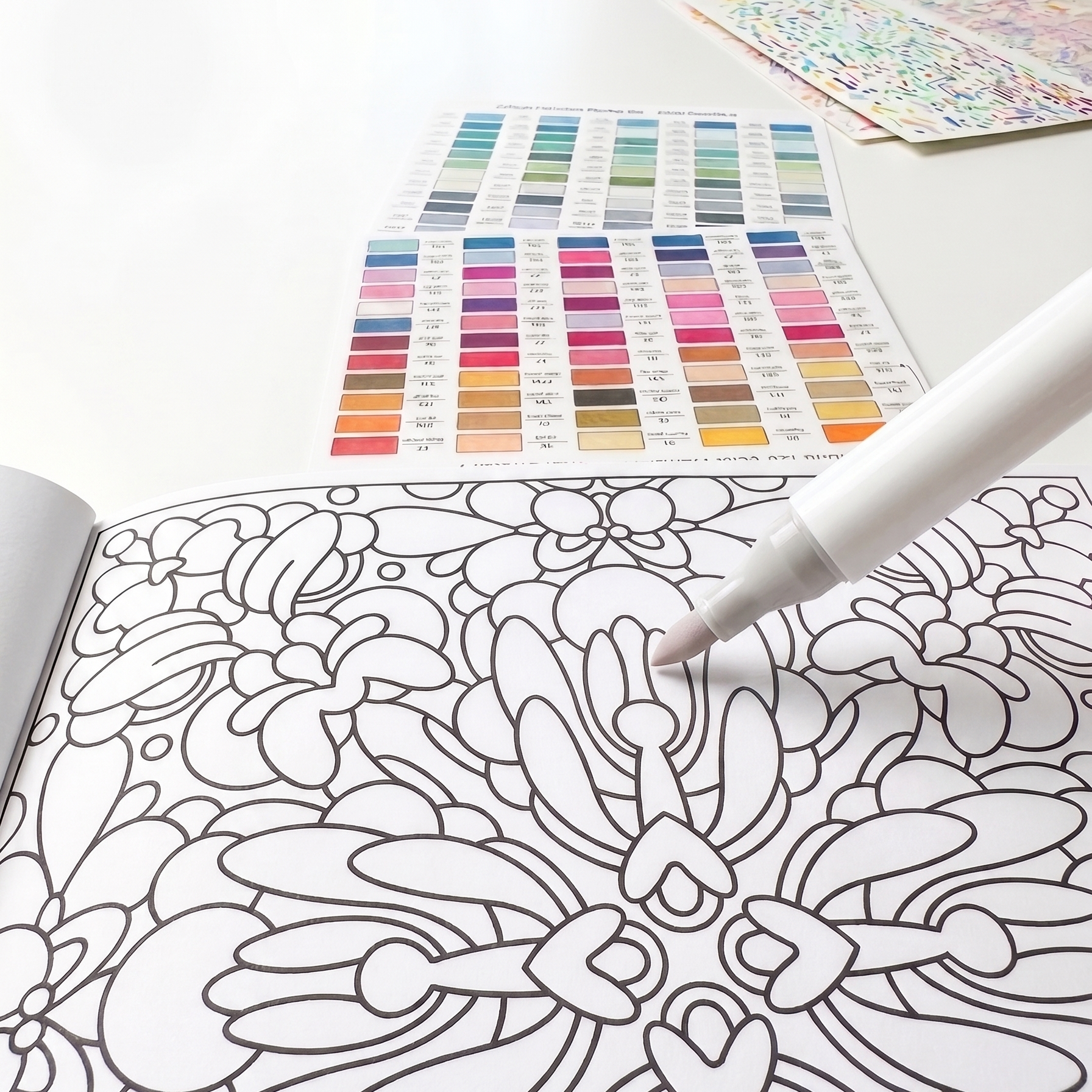 White marker coloring an intricate floral mandala page in BOTANICA, with color test swatch sheets in the background.