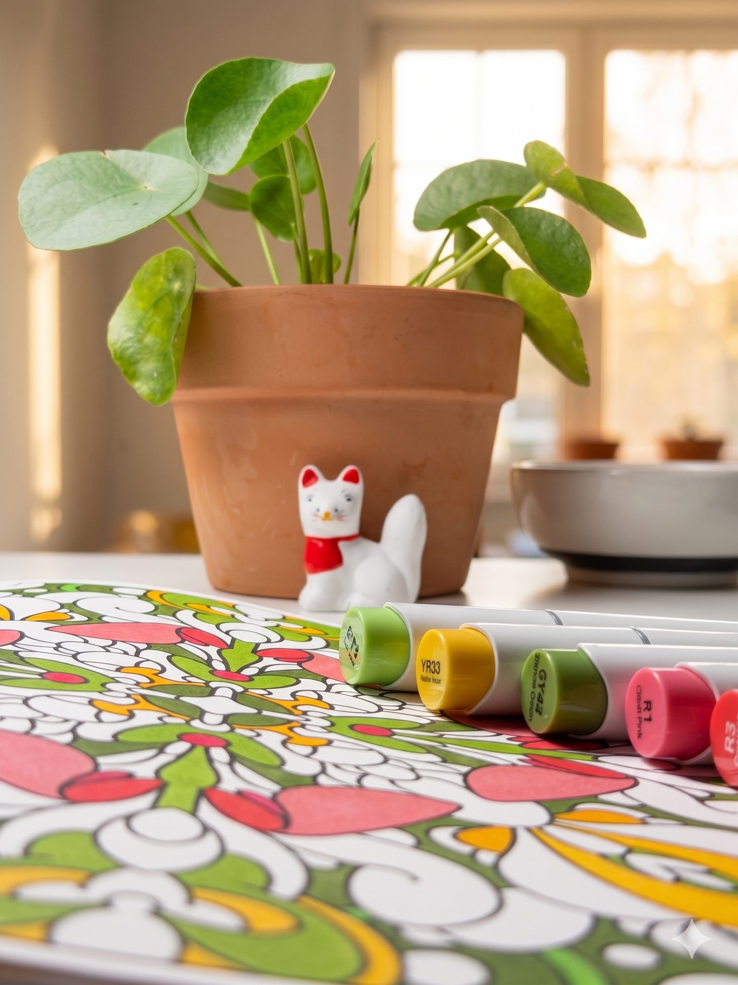 Open BOTANICA coloring book with red and green patterns, paired with dual-tip alcohol markers on a white desk.