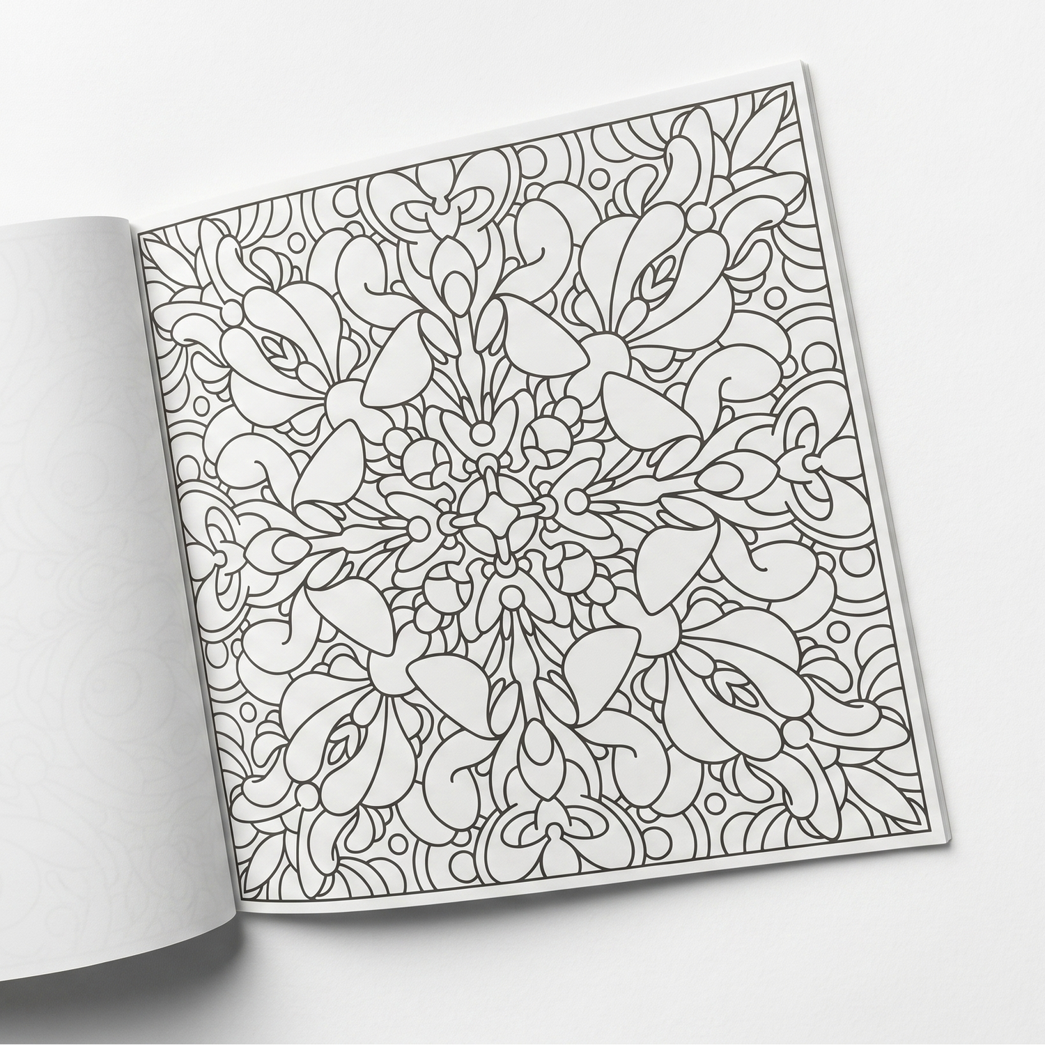 Single-sided printed page of the square BOTANICA floral coloring book, displaying a detailed symmetrical flower pattern.
