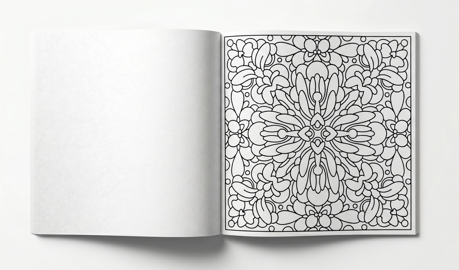 Single-sided printed page of the square BOTANICA floral coloring book, displaying a detailed symmetrical flower pattern.