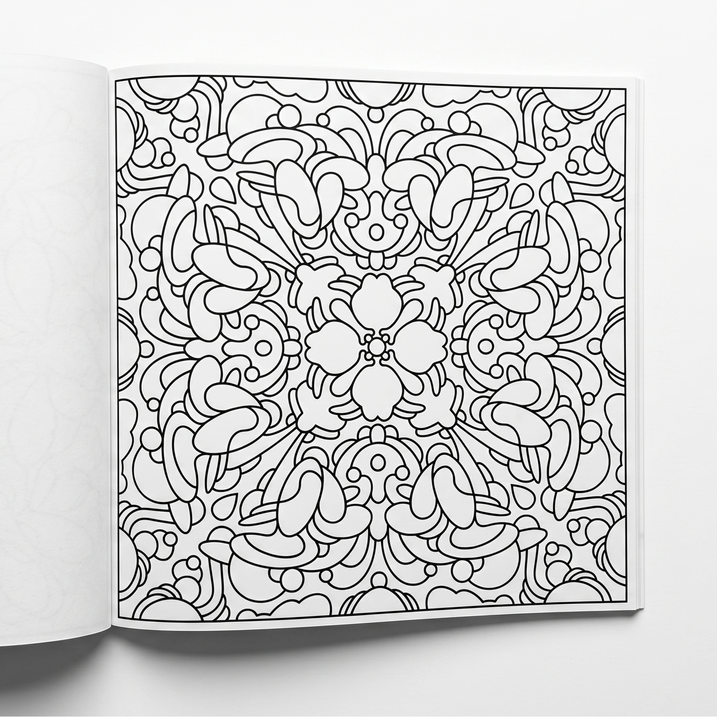 Single-sided printed page of the square BOTANICA floral coloring book, displaying a detailed symmetrical flower pattern.