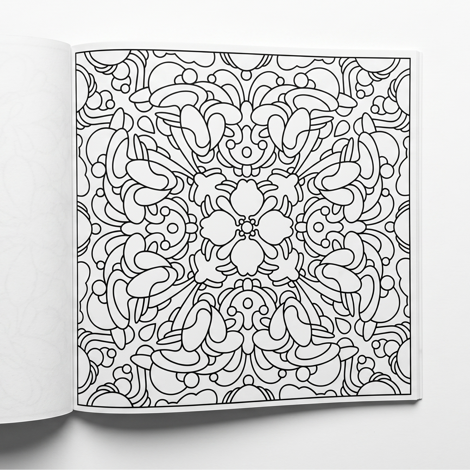Single-sided printed page of the square BOTANICA floral coloring book, displaying a detailed symmetrical flower pattern.