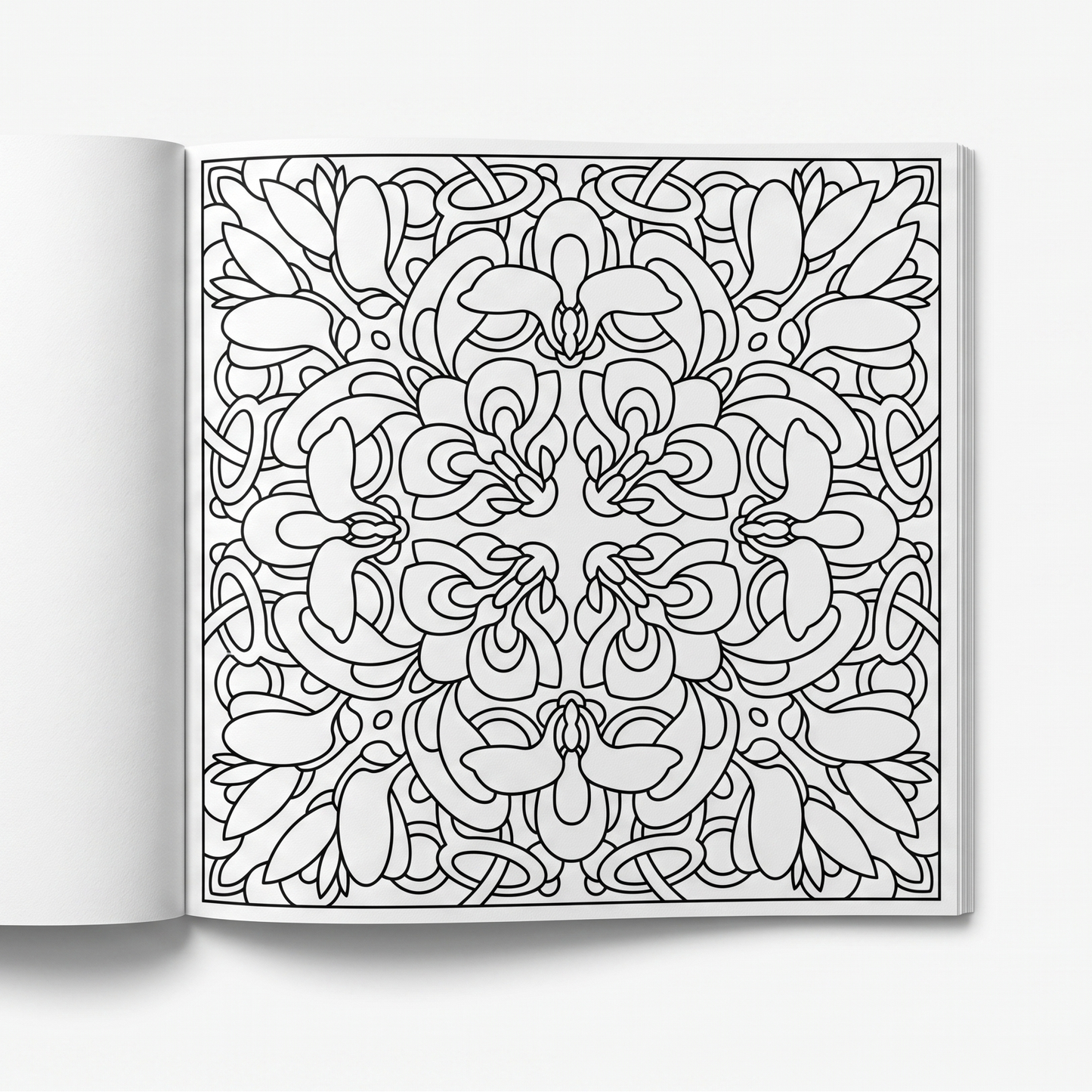 Single-sided printed page of the square BOTANICA floral coloring book, displaying a detailed symmetrical flower pattern.