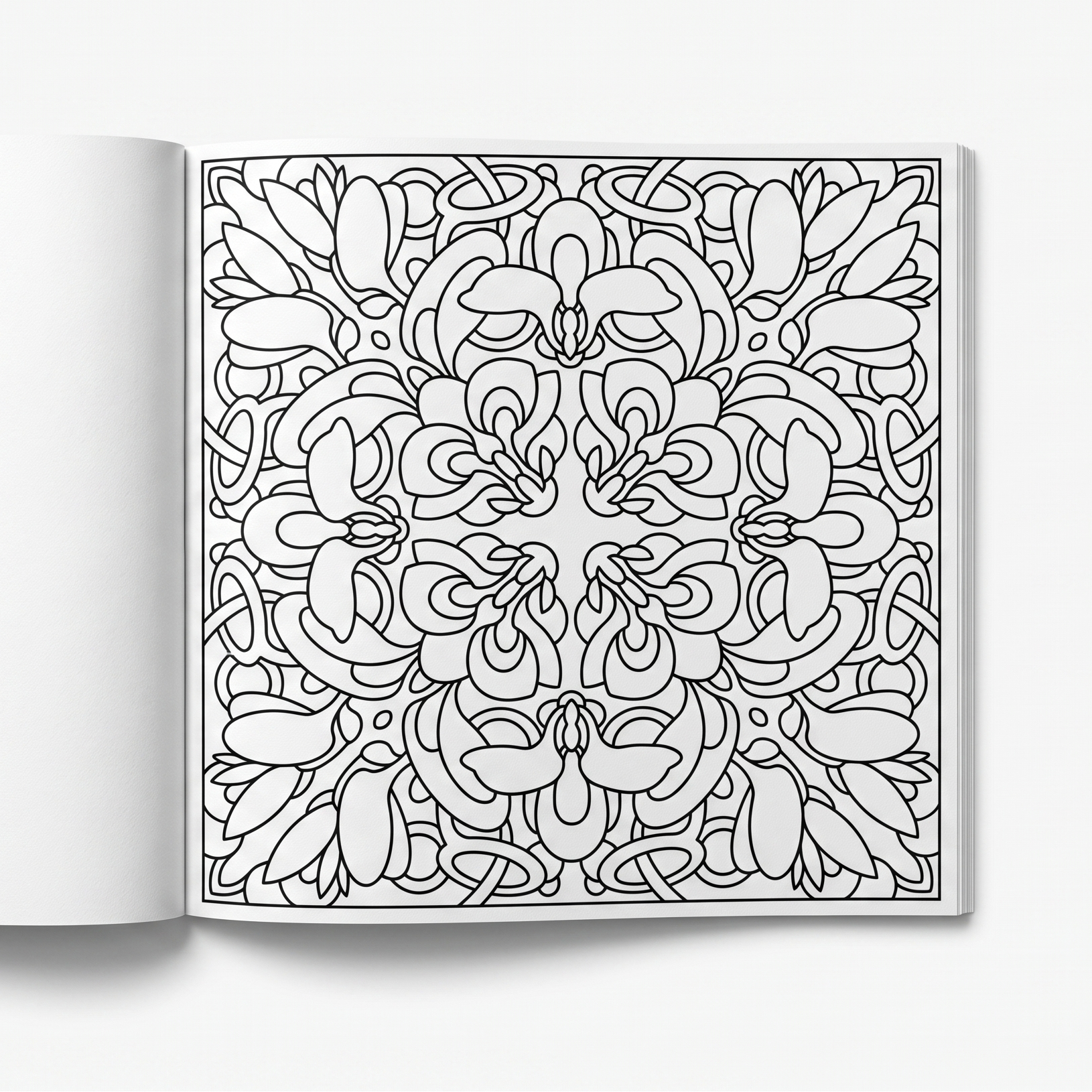 Single-sided printed page of the square BOTANICA floral coloring book, displaying a detailed symmetrical flower pattern.