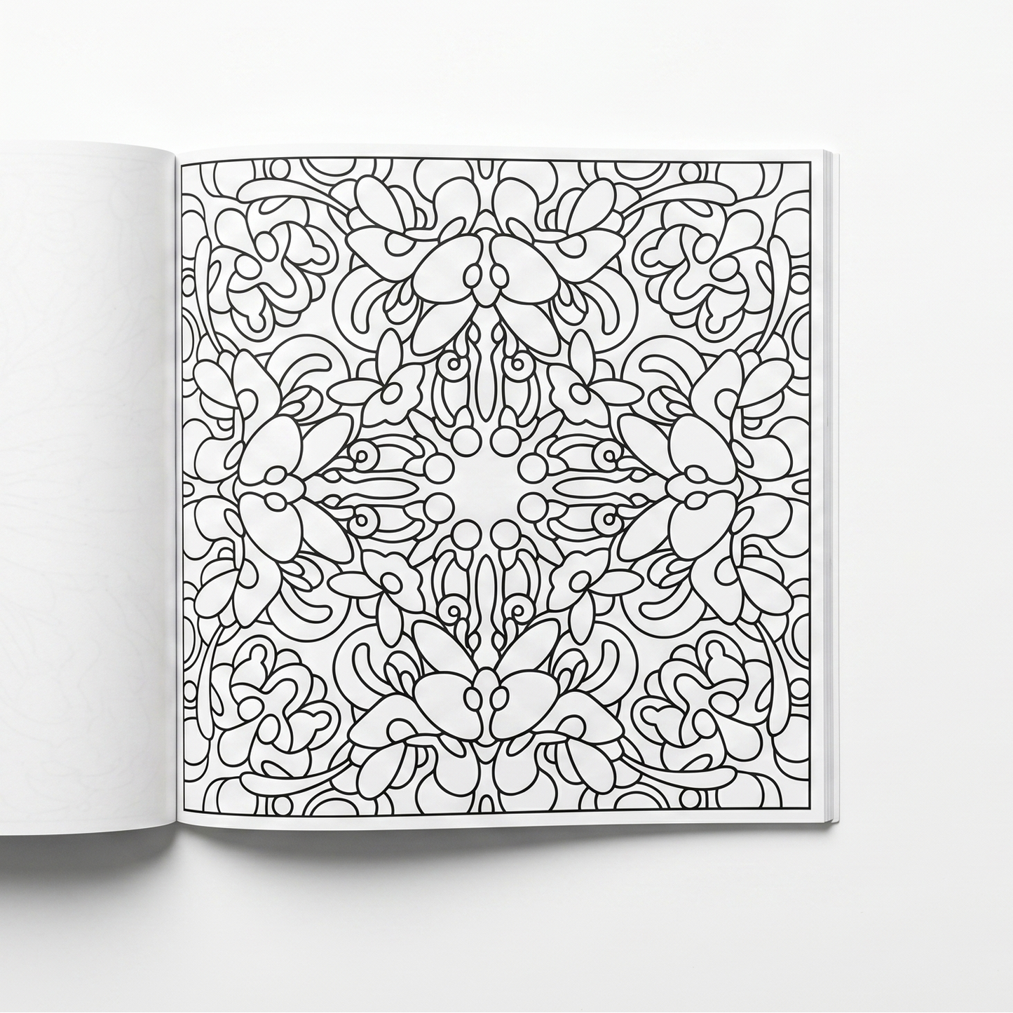 Single-sided printed page of the square BOTANICA floral coloring book, displaying a detailed symmetrical flower pattern.