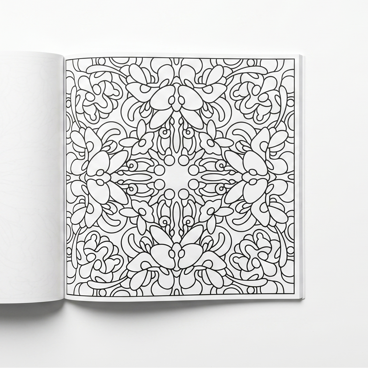 Single-sided printed page of the square BOTANICA floral coloring book, displaying a detailed symmetrical flower pattern.