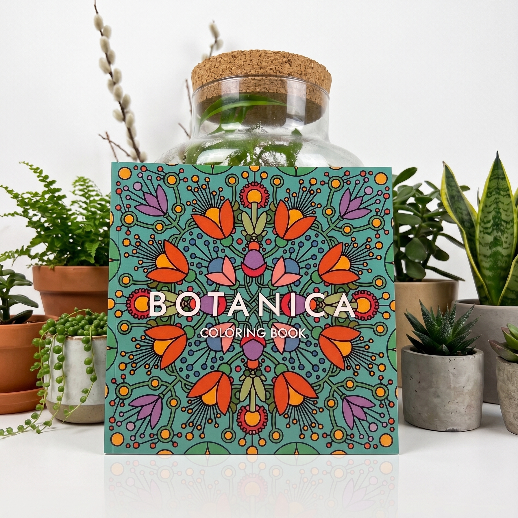 The BOTANICA coloring book standing upright on a white surface, surrounded by potted houseplants and a glass terrarium.